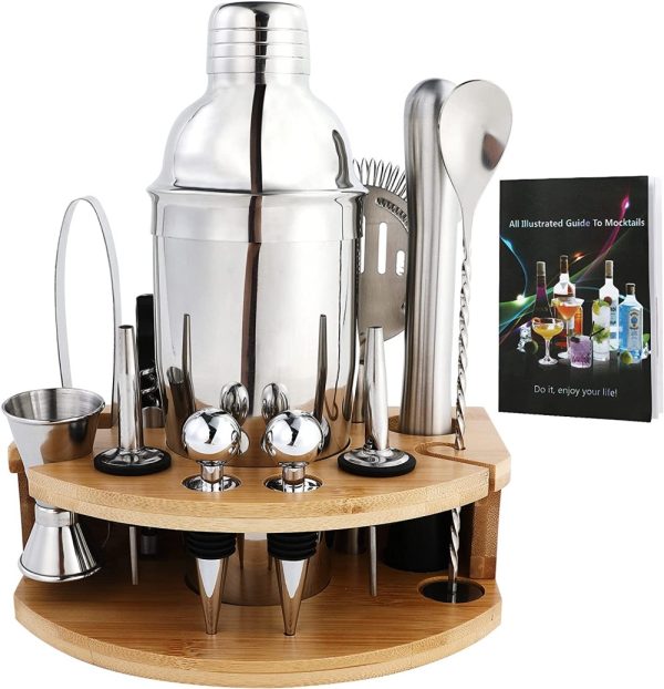 Product Image and Link for 12 Piece Stainless Steel Bartender Kit with Bamboo Stand & Cocktail Recipes Booklet for Drink Mixing