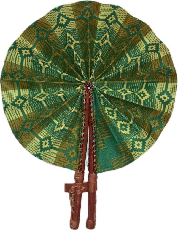 Product Image and Link for Green African Fan (Folding) Brown Leather Handle