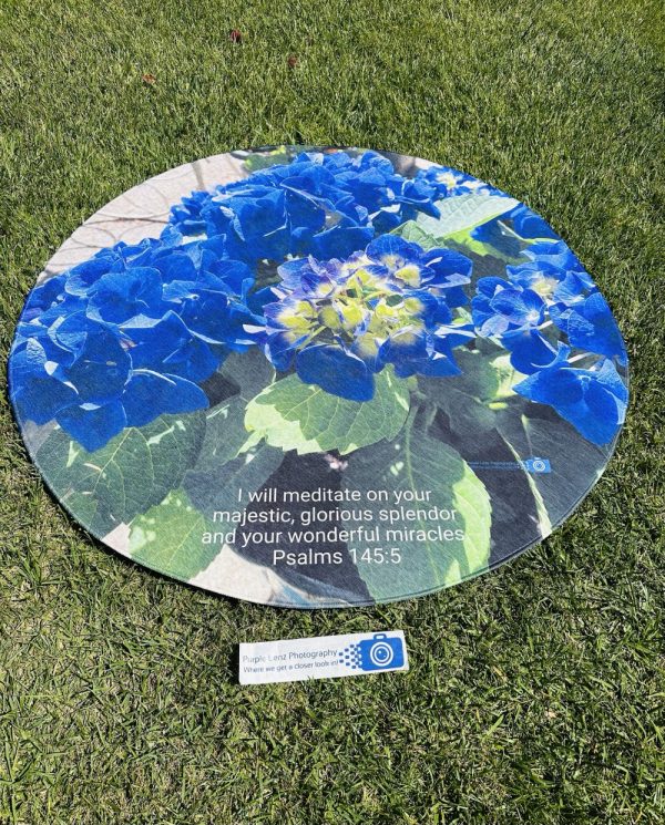 Product Image and Link for Vibrant violet hydrangea, round meditation rug!