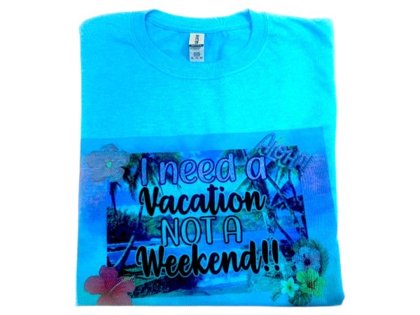 Product Image and Link for Gildan 640 Softstyle Unisex T-Shirt – “I Need a Vacation, Not a Weekend!” Graphic Tee (Heather Royal)