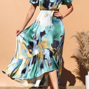 Product Image and Link for Watercolor Print Satin Dress with Ruffled Skirt
