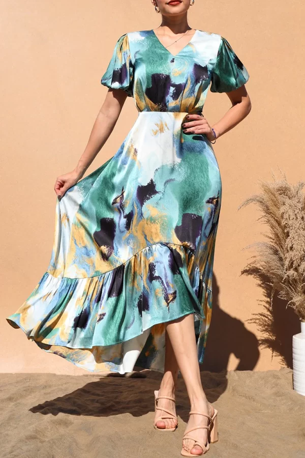 Product Image and Link for Watercolor Print Satin Dress with Ruffled Skirt