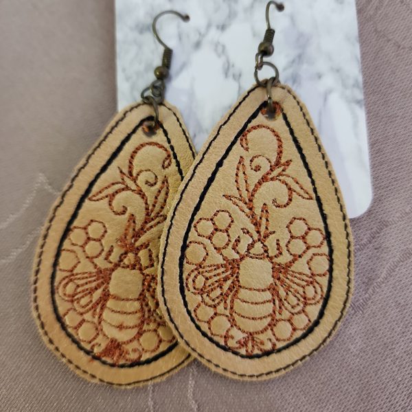 Product Image and Link for Leather Earings with Bees Embroidered on them