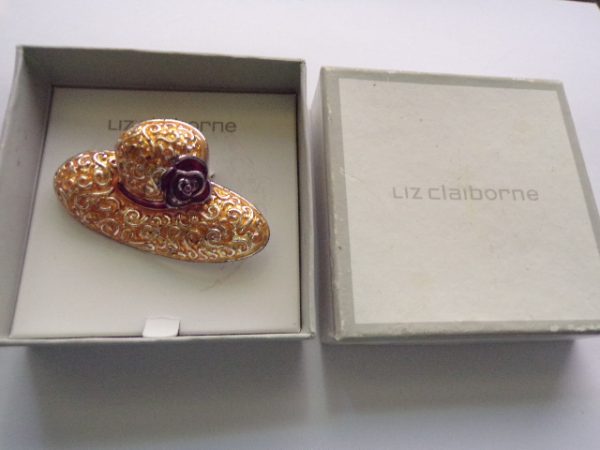 Product Image and Link for Vintage LIZ CLAIBORNE Enamel Ladie’s Hat with Purple Flower Brooch Pin