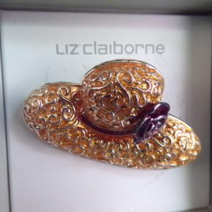 Product Image and Link for Vintage LIZ CLAIBORNE Enamel Ladie’s Hat with Purple Flower Brooch Pin