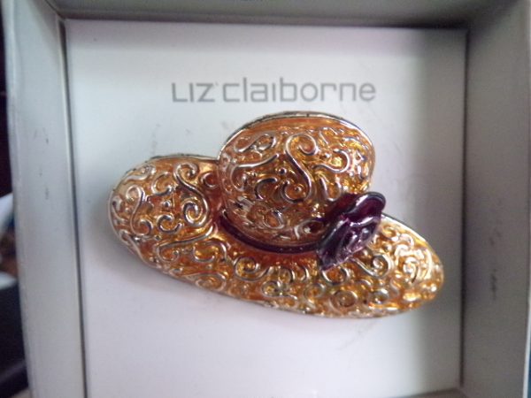 Product Image and Link for Vintage LIZ CLAIBORNE Enamel Ladie’s Hat with Purple Flower Brooch Pin