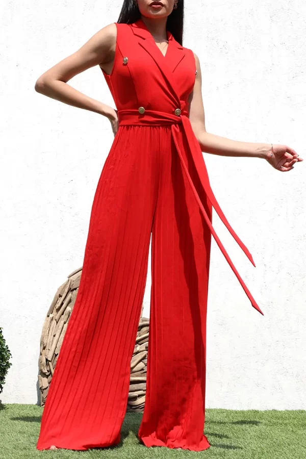 Product Image and Link for Red Sleeveless Jumpsuit with Pleats