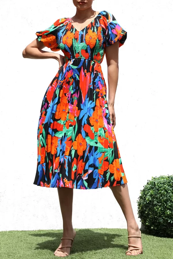 Product Image and Link for Tropical Print Smocked Midi Dress