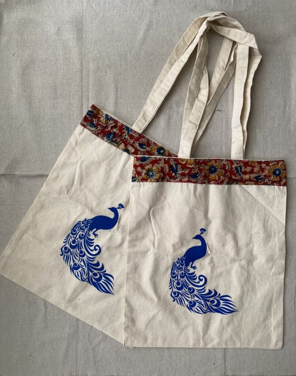 Product Image and Link for Canvas Bag with Peacock Print and Kalamkari Border