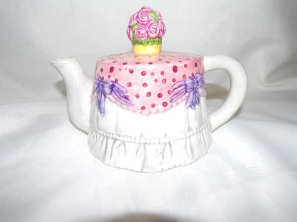 Product Image and Link for Neat Little Pink Table with Bouquet of Roses “Tea for Two” Tea Pot