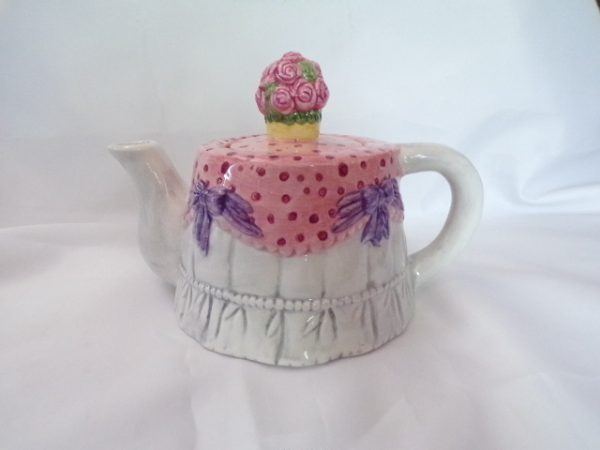 Product Image and Link for Neat Little Pink Table with Bouquet of Roses “Tea for Two” Tea Pot