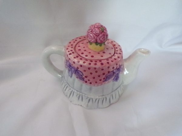 Product Image and Link for Neat Little Pink Table with Bouquet of Roses “Tea for Two” Tea Pot