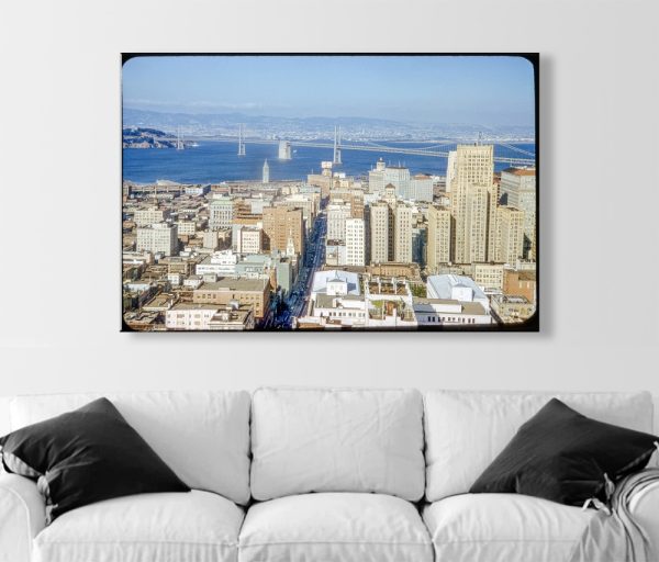 Product Image and Link for Vintage San Francisco Skyline Photograph with View of Bay Bridge and Bay – Historic City Art Print | California Wall Art