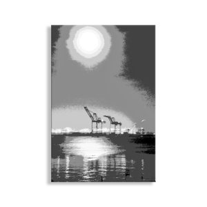 Product Image and Link for Oakland Art Print with Port of Oakland Harbor Cranes and Moon in Black and White