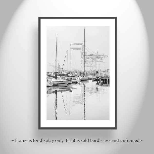 Product Image and Link for Port of Oakland Art Photograph at Jack London Square with Harbor Cranes in Black and White