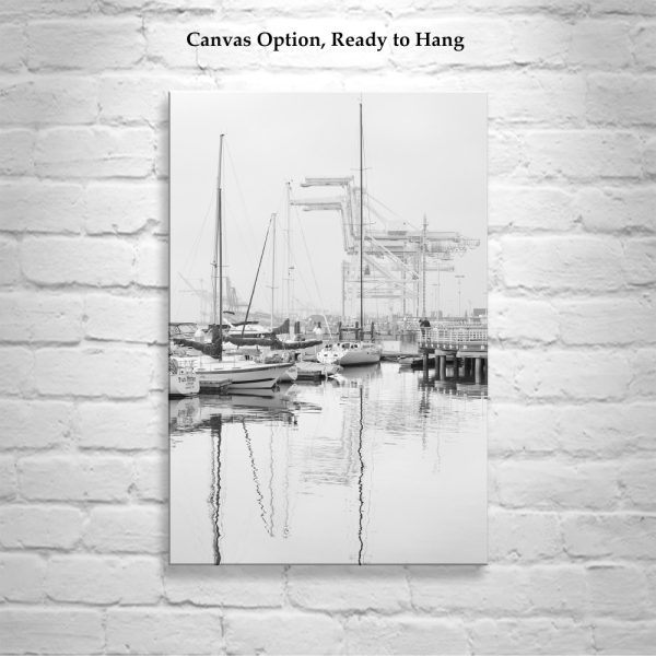 Product Image and Link for Port of Oakland Art Photograph at Jack London Square with Harbor Cranes in Black and White