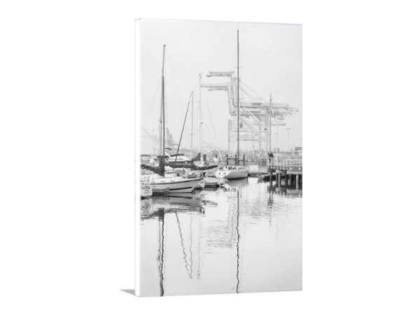 Product Image and Link for Port of Oakland Art Photograph at Jack London Square with Harbor Cranes in Black and White