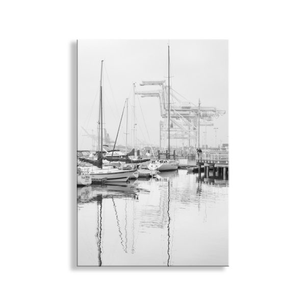 Product Image and Link for Port of Oakland Art Photograph at Jack London Square with Harbor Cranes in Black and White