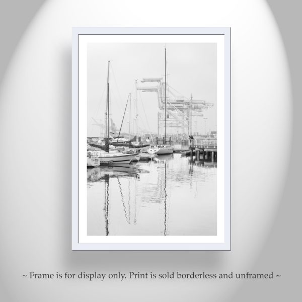 Product Image and Link for Port of Oakland Art Photograph at Jack London Square with Harbor Cranes in Black and White