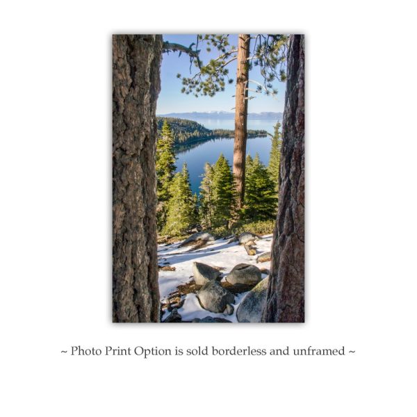 Product Image and Link for Lake Tahoe Photography with Sierra Nevada Mountain Art and Ponderosa Pines at Emerald Bay