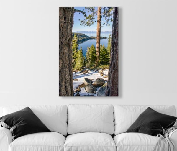 Product Image and Link for Lake Tahoe Photography with Sierra Nevada Mountain Art and Ponderosa Pines at Emerald Bay