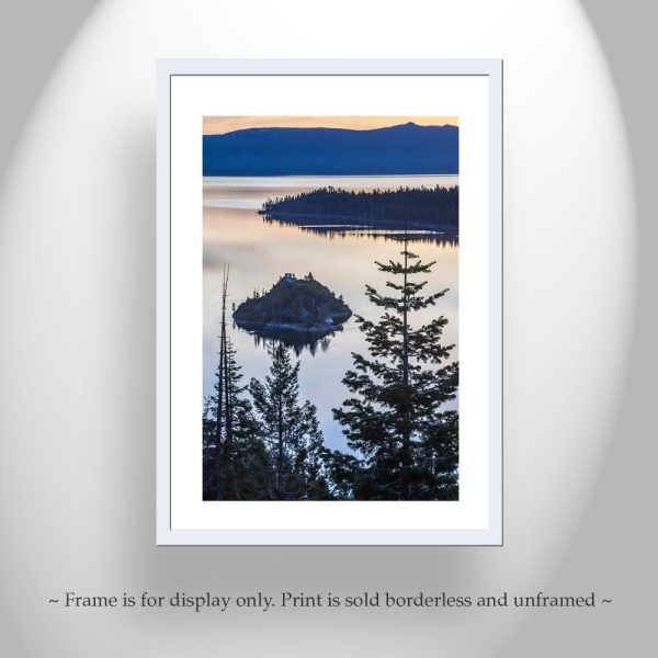 Product Image and Link for Lake Tahoe Photography Art Print with Emerald Bay Sunrise | Ponderosa Pine Tree Silhouette