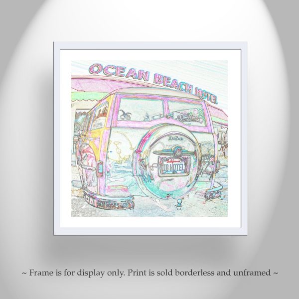 Product Image and Link for San Diego Ocean Beach California Woody Surf Wagon Car Art Print | Automotive Wall Decor for Home or Office in Pastel