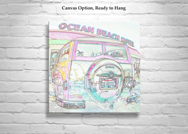 Product Image and Link for San Diego Ocean Beach California Woody Surf Wagon Car Art Print | Automotive Wall Decor for Home or Office in Pastel