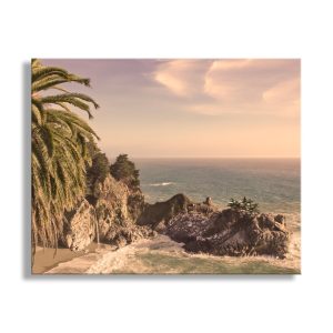 Product Image and Link for Big Sur Photography Print at McWay Falls with Palm Tree in Vintage Sepia Tone