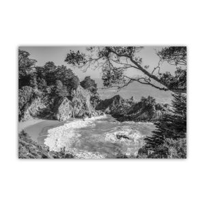 Product Image and Link for Big Sur Photography Print in Black and White with McWay Falls as Wall Decor for Home or Office