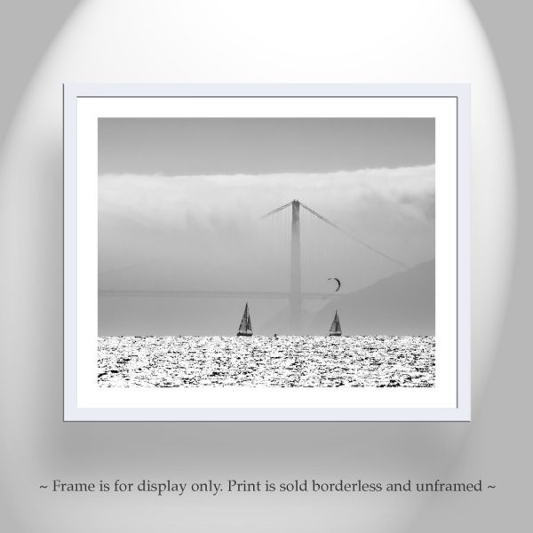 Product Image and Link for Kitesurfing and Sailing Art Print in San Francisco Bay in Black and White