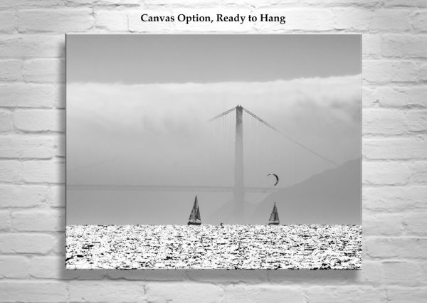 Product Image and Link for Kitesurfing and Sailing Art Print in San Francisco Bay in Black and White