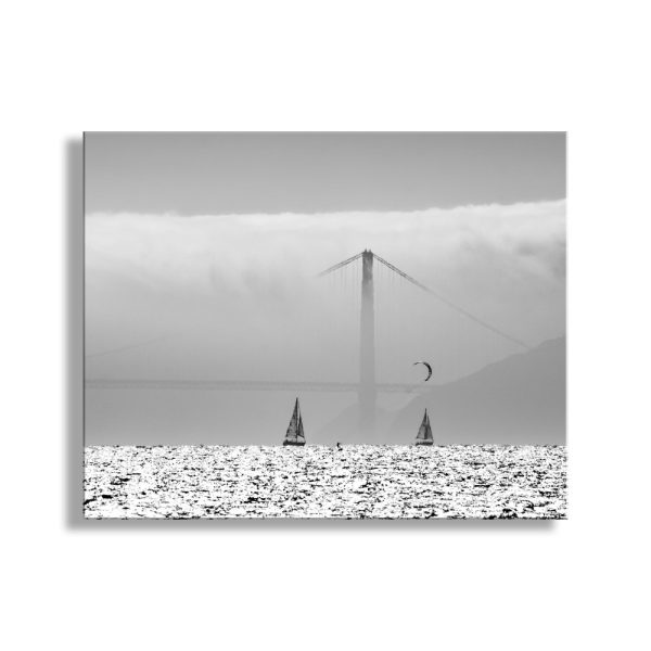 Product Image and Link for Kitesurfing and Sailing Art Print in San Francisco Bay in Black and White