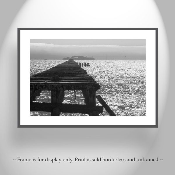 Product Image and Link for Berkeley Pier Photograph with Alcatraz Island in Black and White | California Seascape Wall Art