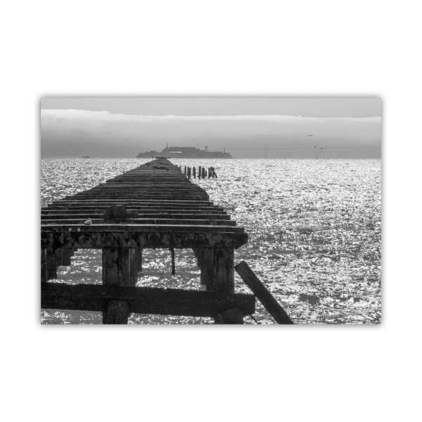 Product Image and Link for Berkeley Pier Photograph with Alcatraz Island in Black and White | California Seascape Wall Art