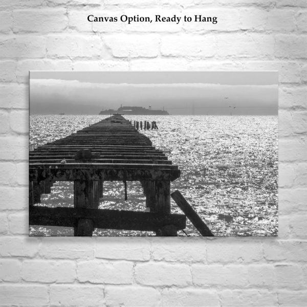 Product Image and Link for Berkeley Pier Photograph with Alcatraz Island in Black and White | California Seascape Wall Art