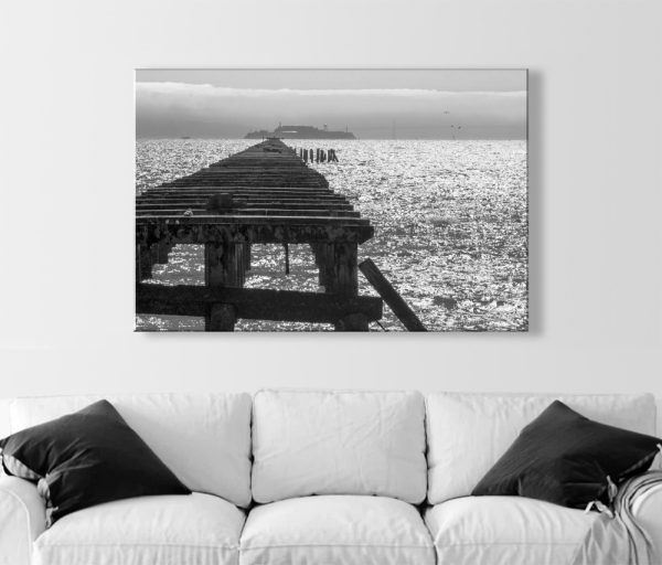 Product Image and Link for Berkeley Pier Photograph with Alcatraz Island in Black and White | California Seascape Wall Art