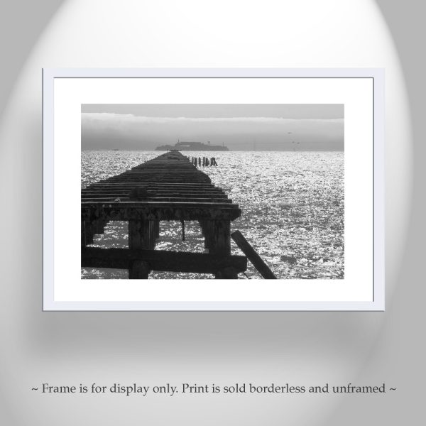 Product Image and Link for Berkeley Pier Photograph with Alcatraz Island in Black and White | California Seascape Wall Art