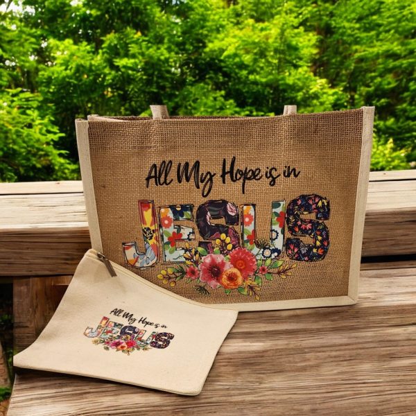 Product Image and Link for Canvas and Jute Tote with Matching Cosmetic Bag- Christian Inspired