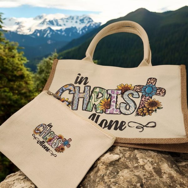 Product Image and Link for Canvas and Jute Bible Tote, with Matching Cosmetic Bag