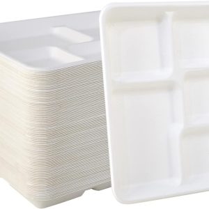 Product Image and Link for 5 Compartment School Meal Tray, Bio-degradable, 100% Compostable Bagasse Plates