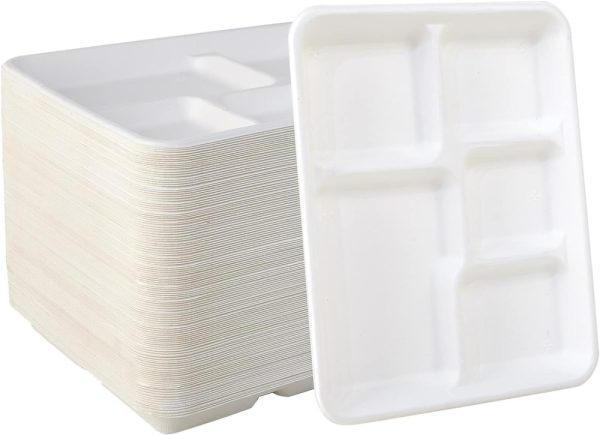 Product Image and Link for 5 Compartment School Meal Tray, Bio-degradable, 100% Compostable Bagasse Plates