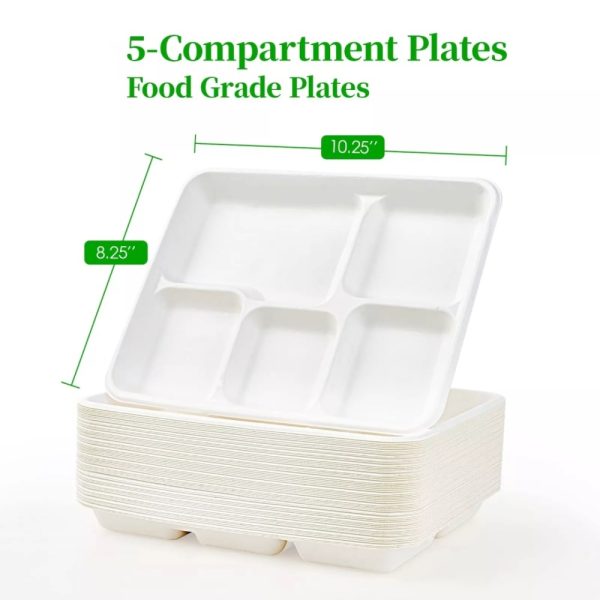 Product Image and Link for 5 Compartment School Meal Tray, Bio-degradable, 100% Compostable Bagasse Plates