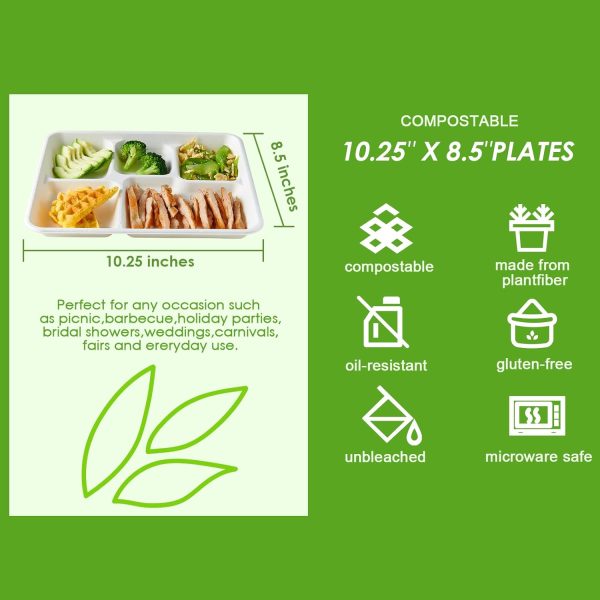 Product Image and Link for 5 Compartment School Meal Tray, Bio-degradable, 100% Compostable Bagasse Plates