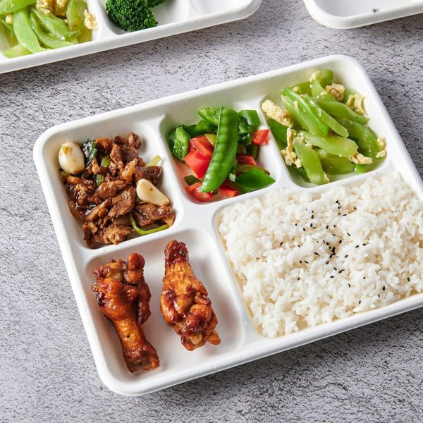 Product Image and Link for 5 Compartment School Meal Tray, Bio-degradable, 100% Compostable Bagasse Plates