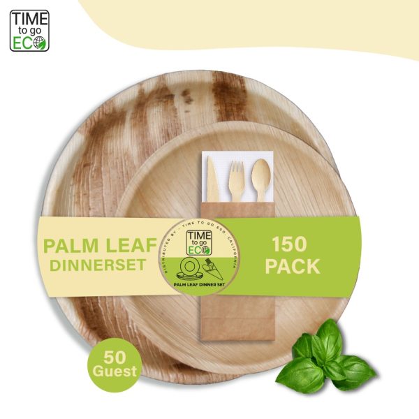 Product Image and Link for TIME TO GO ECO 100% Compostable Palm Leaf Dinnerware Set For 50 Guests