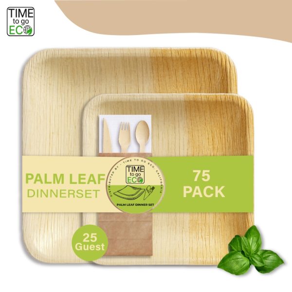 Product Image and Link for TIME TO GO ECO 100% Compostable Palm Leaf Dinnerware Set For 25 Guests