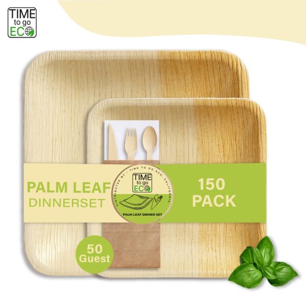 Product Image and Link for TIME TO GO ECO 100% Compostable Palm Leaf Dinnerware Set For 50 Guests