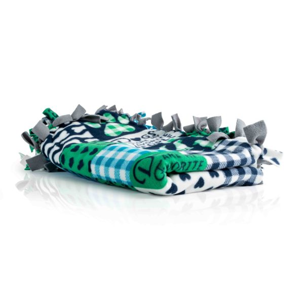 Product Image and Link for No Sew Anti-Pill Fleece Tie Blanket – 🐶 Green & Blue Patchwork Dogs Are My Favorite Print w/ Grey Alloy ⚙️ Solid Backing