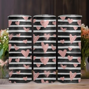 Product Image and Link for BLACK & WHITE STRIPES PINK HEARTS TUMBLER